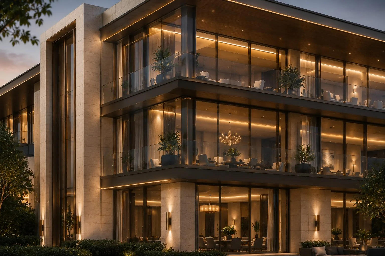 20,000 sq ft clubhouse, evening view
